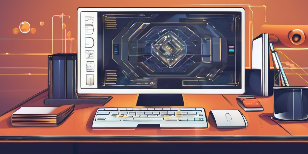 Prompt in SDXL: A desk with a computer with a futuristic personal knowledge system